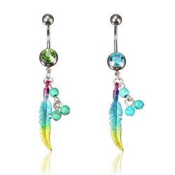 Crystal Beads Feather Dangle Navel Belly Button Ring Piercing Jewelry