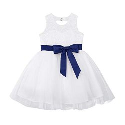 Chictry Baby Girls Bridesmaid Wedding Party Lace Tulle Flower Girl Dress With Bow Sash Navy Blue 18-24 Months