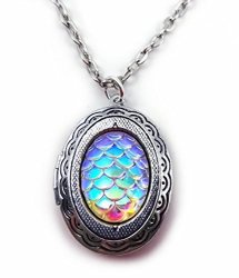 Small Oval Silver Toned Dragon Egg Locket Necklace - Mermaid Scale Pendant 18IN Chain Rainbow