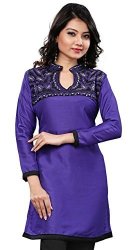 Long India Tunic Top Kurti Womens Silk Blouse Indian Apparel Blue S