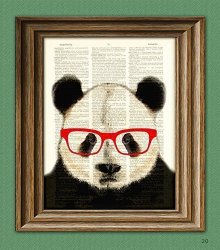 Panda Smarty Pants Panda Bear With Red Glasses Illustration Beautifully Upcycled Dictionary Page Book Art Print