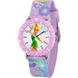 Disney Tinker Bell Girls' Stainless Steel With Bezel Watch Printed Fabric Strap