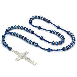 Mens Hip Hop 8MM Blue Bead Silver Cz Rosary Jesus Cross Religious Necklace Chain