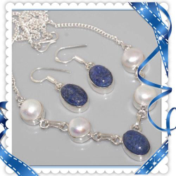 Exceptionally Beautiful Natural Lapis Lazuli Pearl .925 Sterling Silver Necklace & Earrings