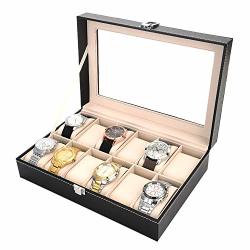 Pengke 12 Slots Watch Box Pu Leather Watch Organizer And Display Case With Glass Lid Black Pack Of 1