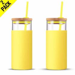 Tronco 20oz Glass Tumbler Glass Water Bottle Straw Silicone Protective Sleeve Bamboo Lid - BPA Free (Amber)
