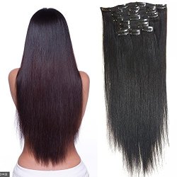 Hannah Queen Hair Brazilian Clip In Hair Extensions 1B Natural Black Grade 8A Double Weft 100% Remy Human Hair Full Head Straight 7PCS 16CLIPS