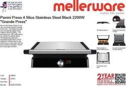Mellerware Panini Press 4 Slice Stainless Steel Black 2200W "grande Press