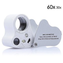 Efanr 30X 60X Dual Lens Magnifier Jewelry LED Lighted Illuminated Eye Loupe Magnifying Pocket Microscope For Jewelers Gems Rocks Stamps Coins Watches Hobbies Antiques