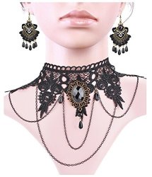 Aniwon Punk Style Wedding Party Black Lace Choker Beads Tassels Chain Pendant Necklace Earring Set For Women