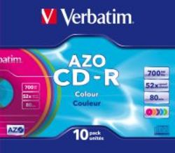 Verbatim Pack of 10 48x Colour AZO CD-R Discs in Slim Jewel Cases