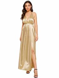 Deals on Women's Shein Sexy Satin Deep V Neck Backless Maxi Party Evening  Dress Small Gold | Compare Prices & Shop Online | PriceCheck