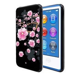 Fincibo Ipod Nano 7 Case Flexible Tpu Black Silicone Soft Gel Skin Protector Cover Case For Apple Ipod Nano 7 7TH Generation - Falling Pink Flower