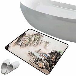 Ancient China The Door Mats Bathroom Foyer Mat 30X48 Chinese Landscape Of Watercolor Painting Marquee In Valley Trees Sumi Style Anti-slip Shower Water Absorbent