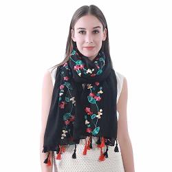 Lina & Lily Embroidered Floral Tassel Scarf Shawl Lightweight Black