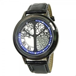 Touch Led Stainless Steel Case Watch With Imitation Leather Watchband Black & White