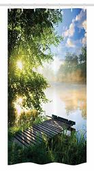 Ambesonne Landscape Stall Shower Curtain Fishing Pier By River In The Morning With Clouds And Trees Nature Image Fabric Bathroom Decor Set With Hooks
