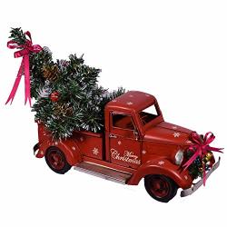 Giftland Red Metal Rustic Pickup Truck With Christmas Tree Decor Retro Chic Decoration Charm Vintage Look Style Industrial Farmhouse Ornament With Bed - Approx. 18