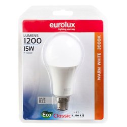 Eurolux A65 Complimentary B22 LED Globe 15W 3000K Blister Single