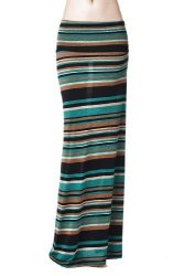 82S-9001PS-C30 Women's Poly Span Stripe Prints Maxi Skirt - C30 Jade & Mocha Stp S