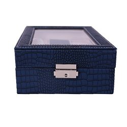 Pu Leather Watch Jewelry Display Box Glass Lid Lockable Jewelry Organzier Storage Box Case Blue