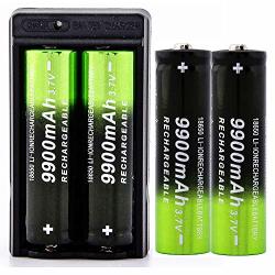 4 Packs 18650 Rechargeable Batteries Button Top 9900MAH 3.7V Li-ion Batteries For LED Flashlight HEADLAMP+1 Pack Smart Charger