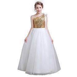 Fairy Girl Long Junior Bridesmaid Dresses Sequin Flower Girl Dresses Tulle For Wedding Party Prom Maxi Dress Dance Gown Gold
