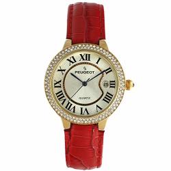 Peugeot Women's Round Tank Watch 14K Gold Plated With Roman Numerals And Calendar Red Leather Strap