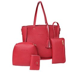 Women Handbag Hunzed Fashion Tassels Leather Shoulder Bag Tote Ladies Purse +crossbody Bag+clutch Wallet+card Hold Red