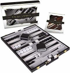 Crazy Games Backgammon Set - Classic Black Large 18 Inch Backgammon Sets For Adults Board Game With Premium Leather Case - Best Strategy &
