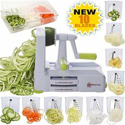 Brieftons 10-BLADE Spiralizer: Strongest-and-heaviest Vegetable Spiral Slicer Best Veggie Pasta Spaghetti Maker For Low Carb paleo gluten-free With Blade Caddy Container Lid & 4 Recipe Ebooks