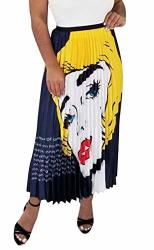 Aro Lora Women's High Waist Pleated Letter Cartoon Graffiti Print Club A Line Midi Skirts XL Yellow