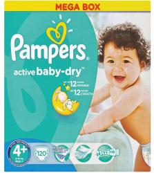 Pampers Active Baby 120 Nappies Maxi Size 4+ Mega Box & Baby Wipes