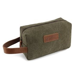 Kattee Mens Travel Toiletry Bag Canvas Leather Cosmetic Makeup Organizer Shaving Dopp Case Army Green