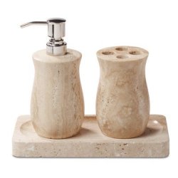 3 Piece Stone Bathroom Accessory Set Includes: Amenity Tray Toothbrush Holder And Lotion Pump In Beige 5" H X 5" W X 9" D In.