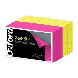 Oxford Self-stick Index Cards 3X5 Inch Ruled Neon Sticky Notes Thick Paper Bright Pink & Yellow Notepads 400 Pack 61420A