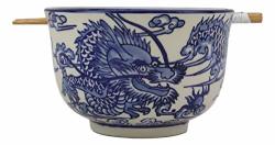 Ebros Ming Style Feng Shui Dragon Blue And White Ramen Udon Noodles Large 6.25"D Soup Bowl With Built In Chopsticks Rest And Bamboo Chopsticks