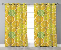 Thermal Insulated Blackout Grommet Window Curtains Yellow Decor Lemon Orange Lime Citrus Round Cut Circles Big And Small Pattern Yellow White And Green 2