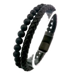 Men's "duality" Lava Rock & Braided Leather Bracelet - 19 Cm