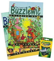Coloring Books For Children The Land Of Buzzlewic - 3 PC Set Forest & Coast + 16 Metallic Crayloa Crayons By Buzzlewics