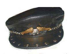 Leather Biker Cap Hat With Big Eagle Studs Annd Chain Genuine
