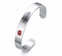 Eliquis Stainless Steel Medical Alert Id Bracelet Sos Cuff Bangle For Women Grils 7.7