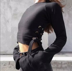 Twotwinstyle Long Sleeve Side Lace Up Pullover Sweatshirt - Black M