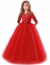 Girls Vintage Floral Lace 3 4 Sleeves Floor Length Party Fall Evening Formal Bridesmaid Prom Dance Gown Red 7-8 Years