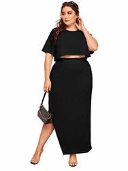 Shein Women's 2 Piece Plus Short Sleeve Round Neck Crop Tee And Rib-knit Split Skirts Black Large Plus
