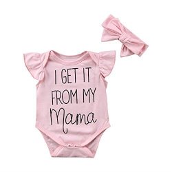 Newborn Baby Girls Cute Ruffle Bodysuit I Get It From My Mama Letters Print Sleeveless Romper With Pink Headband 3-6M Pink