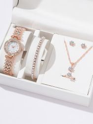 1PC Rhinestone Decor Quartz Watch & 5PCS Jewelry Set
