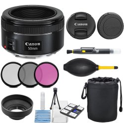 Canon Ef 50MM F 1.8 Stm Lens With 3PC Filter Kit Uv Cpl Fld Deluxe Lens Pouch Lens Hood Deluxe Cleaning Kit Lens Accessory Bundle