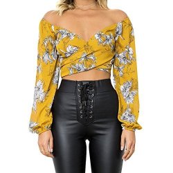 Aro Lora Women's Off Shoulder V Neck Floral Print Blouses Wrap Crop Tops Small Yellow