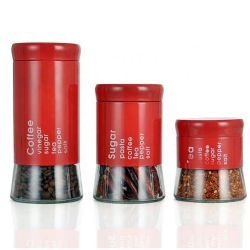 Dh - Kitchen Food Storage Airtight Coffee Tea Pasta Sugar Canister Set - Red Transparent